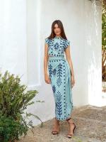 Conjunto De Top Y Falda De Algodón Y Lino Para Mujer Con Estampado Y Corteleya Sin Mangas Crop Top Con Cierre De Encaje Traje De Verano Para Playa - details 7
