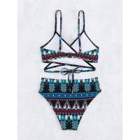 Traje de baño de dos piezas con lazo cruzado frontal para mujer, traje de baño de bikini sexy estampado de estilo étnico - details 26