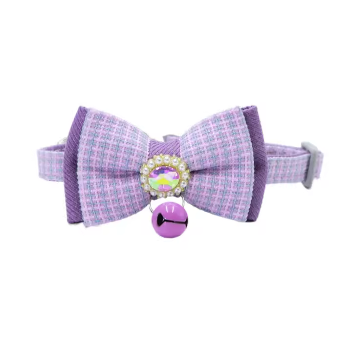 Collar ajustable con lazo para mascotas, cómodo patrón de rejilla, correas para el cuello a la moda, exquisito collar con colgante de gato de fibra de poliéster, 2 uds. - 1