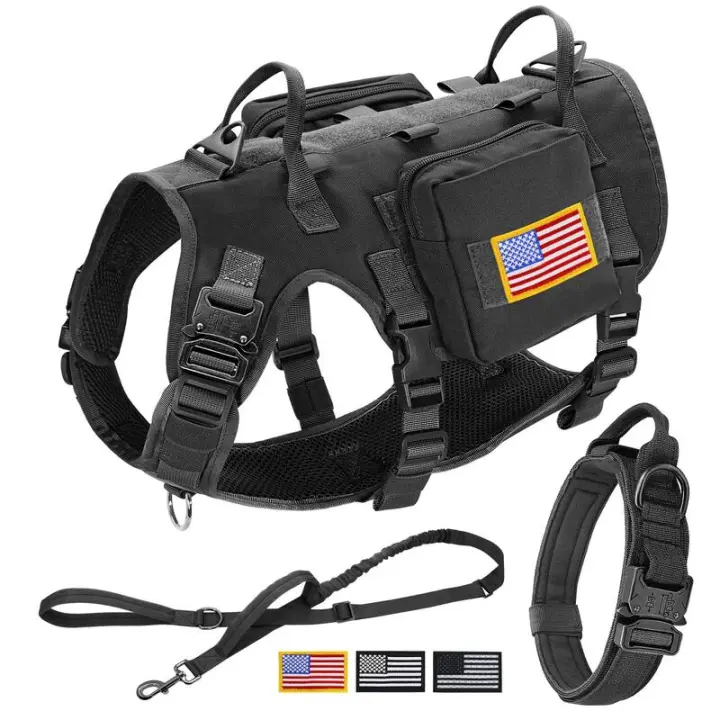 Correas Tácticas Militares Juego de Correa y Collar para Perros Vestido Táctico Grande MOLLE con Bolsas y Bandera - 1