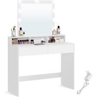 Luces LED con Brillo Ajustable, Mesa de Maquillaje con Espejo, 2 Cajones y 3 Compartimentos, Moderno, Blanco - details 9