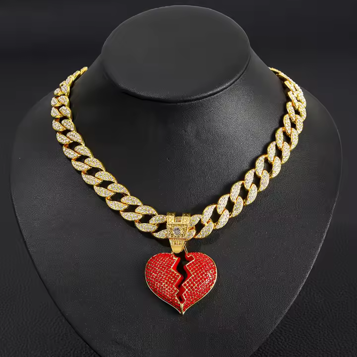 Cadena De out 15mm Con Colgante De Corazón Rojo De Hip Hop Joyería De Aleación Y Rhinestone Para Hombres - 1
