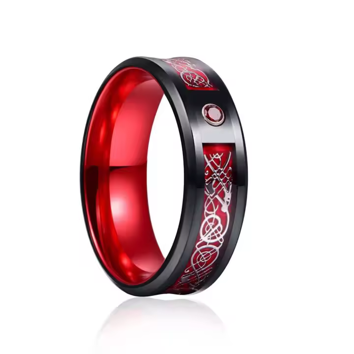Anillo de tungsteno unisex, alianza de boda de circonita azul, anillo de fibra de carbono con dragón celta - 1