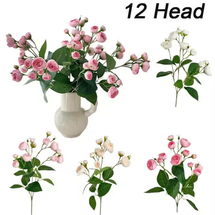 Decoración de 12 cabezas de rosas artificiales con tallos, flores de seda, ramo de flores falsas, flores de boda, mesa, Patio - 1