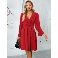 Vestido elegante y bonito con cuello en V para mujer, vestidos informales de manga larga de Color sólido, liquidación - details 9