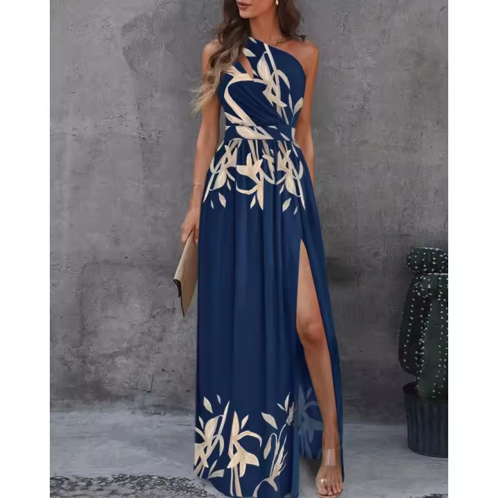 Vestido largo sin mangas con hombros inclinados para mujer, cintura alta, estilo dividido, vestido con vuelo grande, nuevo - 1