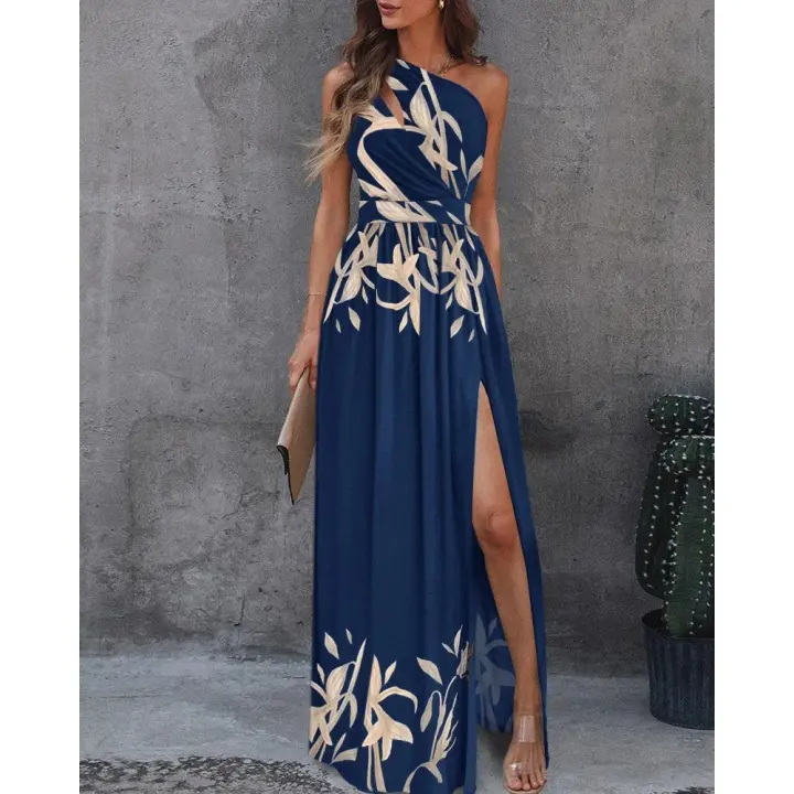 Vestido largo sin mangas con hombros inclinados para mujer, cintura alta, estilo dividido, vestido con vuelo grande, nuevo - 1