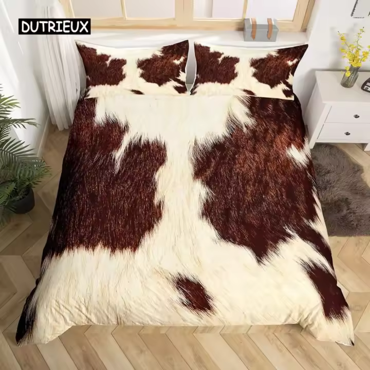Juego de Fundas de Edredón de Cuero de Vaca Tamaño Rey con Estampado de Piel de Vaca - 1