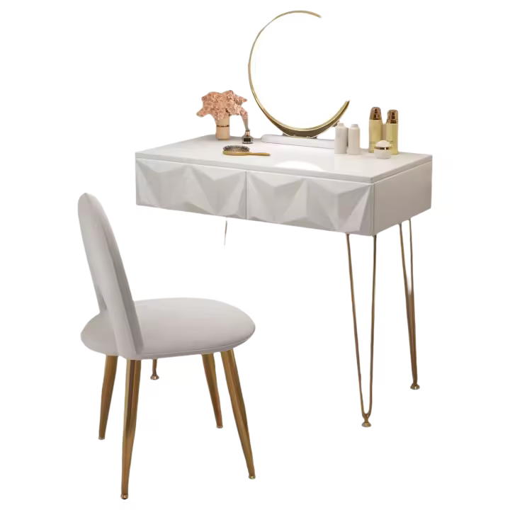 Tocador de Maquillaje con Espejo y Luz LED Iluminación Ajustable Conjunto de Mesa Tocador con Silla Terciopelo Blanco + Dorado - 1