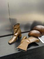Tacón alto cabeza cuadrada botas delgadas botas cortas zapatos de mujer nuevo tacón grueso marrón con falda - details 19