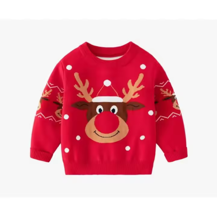 Suéter de invierno auténtico para niños y niñas, doble ciervo trenzado rojo, decoración navideña, estilo informal, cuello redondo, manga larga, nuevo - 1