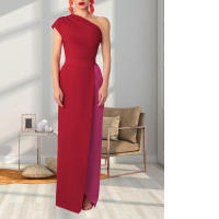 Invitada con un hombro largo y diseño de bloques de color Wo, estilo elegante, vestido de noche de boda de longitud media, vestido nquet para Wo, estilo, , - details 6