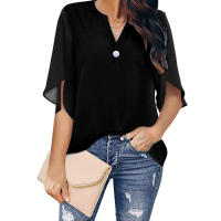 Camiseta de manga corta para mujer, Top de manga corta con cuello en v, informal, camisetas de verano con volantes - details 1