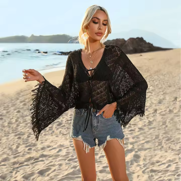 Vestido playero de ganchillo para mujer: envoltura holgada de bikini de manga larga con lazo de borlas, mangas acampanadas y protección solar - 1