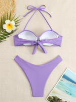 Bikini con Push-Up para mujer, traje de baño liso con tirantes, bañador Sexy con Tanga, ropa de playa para verano, 2024 - details 24