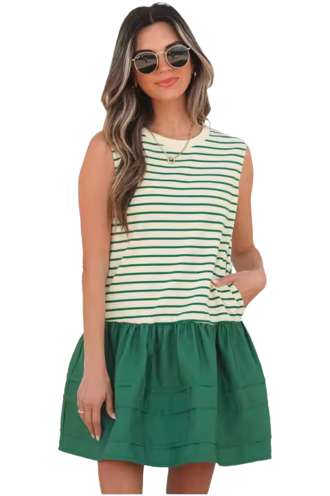 Elrachen Mini vestido sin mangas para mujer con falda con volantes, rayas verdes, tallas S-XL - 1