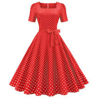 Vestido midi de fiesta de lunares para mujer, elegante, de manga corta, con cuello cuadrado, línea A, estilo años 50 y 60. - details 1