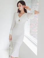 BGTEEVER-vestido ajustado con cuello en V para mujer, prenda elegante de manga larga con cintura ajustada, color liso, para otoño - details 11
