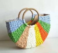 Artículo vendedor caliente azul verde multicolor tejido a mano raya ratán verano mano playa bolso de mano para mujer de moda - details 1