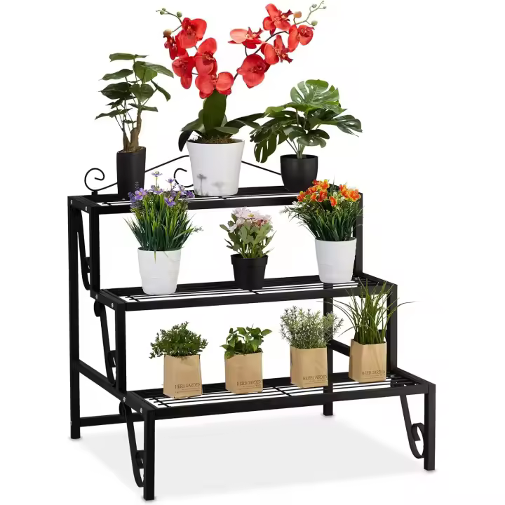 Escalera Plantas de Metal, 3 Pisos, Exterior e Interior, Estantería Flores con Adornos, 69 x 70 x 60 cm, Negro - 1