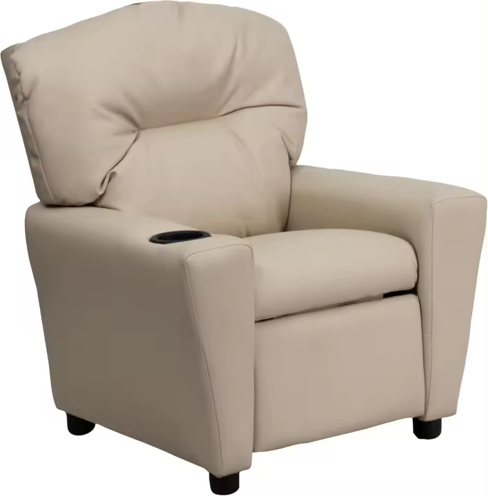 Chandler de Vinilo para niños reclinable con portavasos y reclinable de Seguridad, Silla reclinable contemporánea para niños, admite hasta 90 lbs, Beige - 1