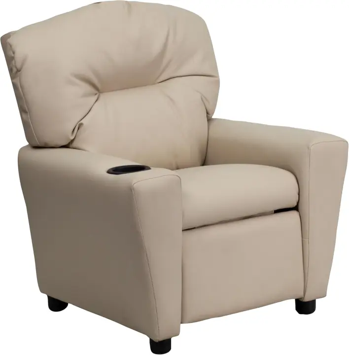 Chandler de Vinilo para niños reclinable con portavasos y reclinable de Seguridad, Silla reclinable contemporánea para niños, admite hasta 90 lbs, Beige - 1