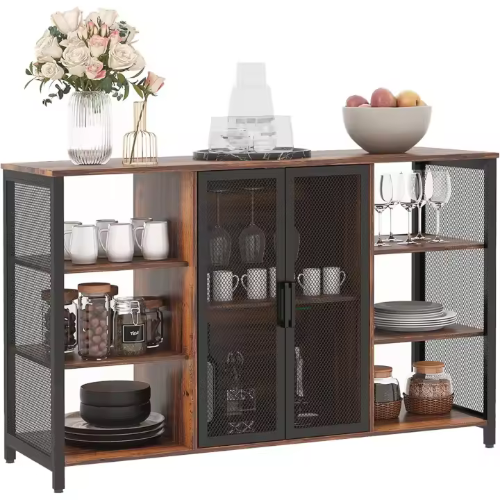 Mueble de Cocina Industrial Buffet Auxiliar con 6 Estantes Abiertos Porta Copas y Estante Ajustable para Bar Comedor 120x40x76 cm Marrón - 1