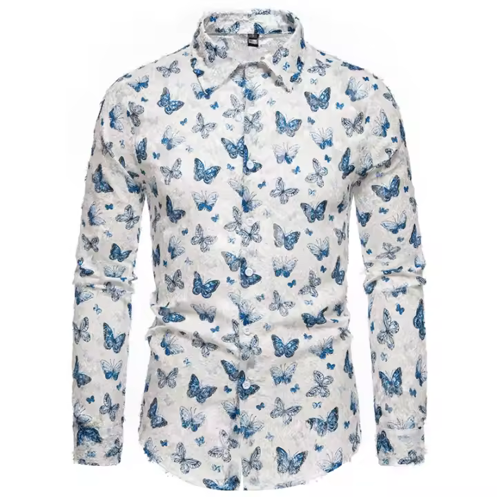 Camisa à manches longues imprimée papillon pour hommes, nuevo diseño de modo, lujo, chemises à pampilles 3D, fête décontractée, chemises de boîte de nuit, scène, printemps - 1