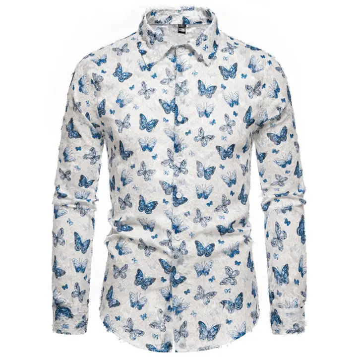 Camisa à manches longues imprimée papillon pour hommes, nuevo diseño de modo, lujo, chemises à pampilles 3D, fête décontractée, chemises de boîte de nuit, scène, printemps - 1