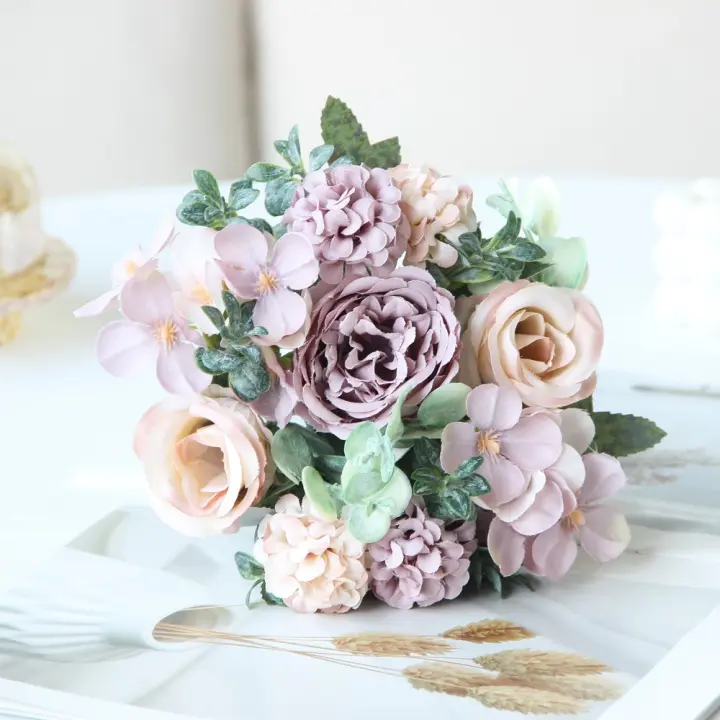 Rosa de imitación de 7 tenedores, 30cm, paisaje, flores falsas, modelo de terreno, ramo de hortensias rosas coloridas, suministros para fiesta de cumpleaños - 1