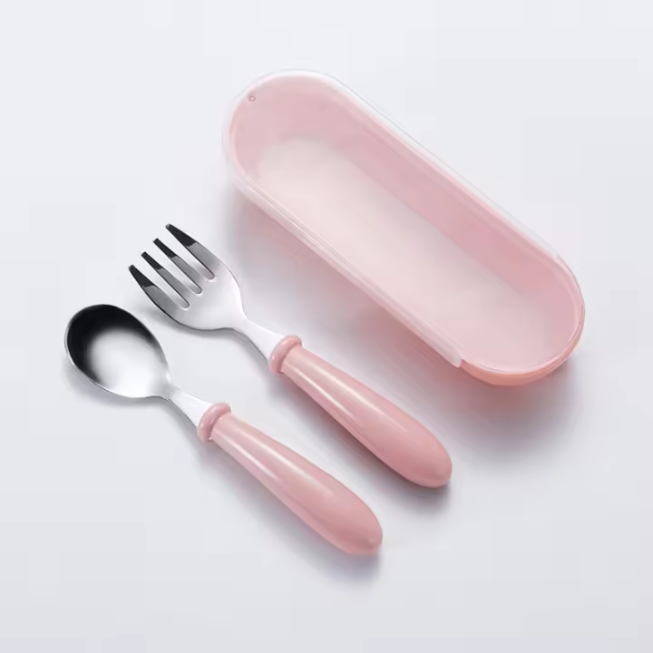 Juego de 2 piezas de vajilla portátil para bebé, cubertería de acero inoxidable para niño pequeño, cuchara de alimentación, tenedor - 1