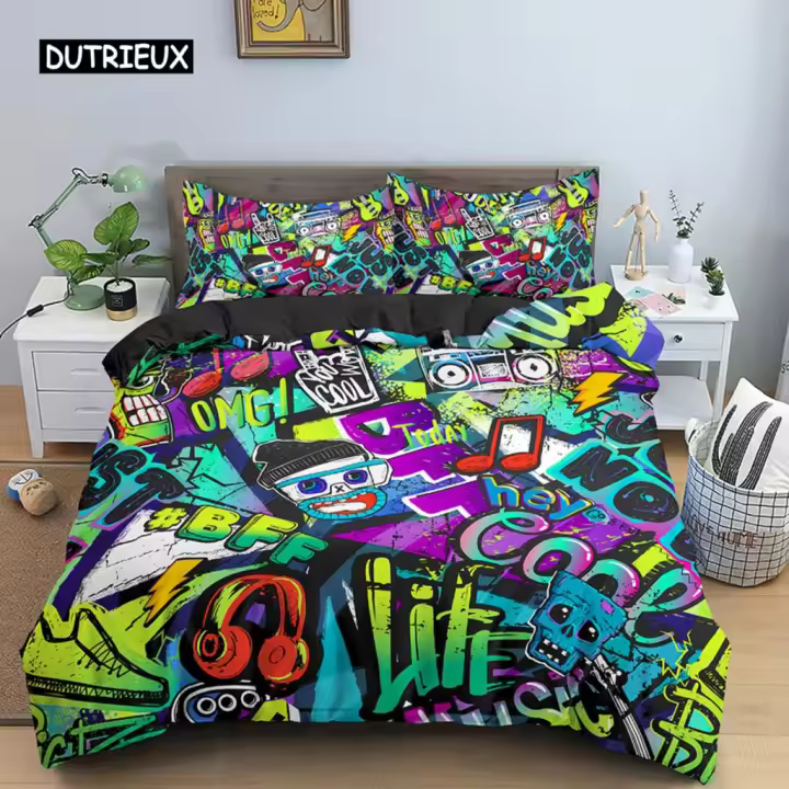 Juego de Ropa de Cama de Dibujos Animados Funda de Edredón de Graffiti de Dibujos Tamaño Rey-Reina - 1