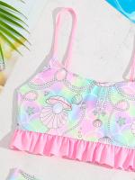 Conjunto de bikini de concha rosa para niñas, traje de baño informal con tirantes de espagueti y detalles de volantes, tejido de punto elástico de estiramiento medio, poliéster y elastano, para edades de 8 a 12 años, ideal para vacaciones en la playa y - details 2