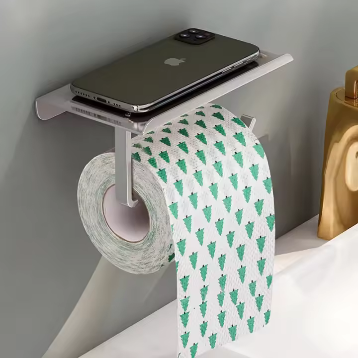 Soporte de papel higiénico de aleación de aluminio, estante con bandeja, accesorios de baño, colgante de pared para cocina, portarrollos de papel higiénico sin perforaciones - 1