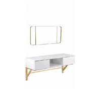 Mesa de tocador con taburete con bisagras Tocador moderno Escritorio para computadora con espejo plegable Mesa de maquillaje con 2 cajones Madera 100x40x75cm Blanco 0014SZT - details 12