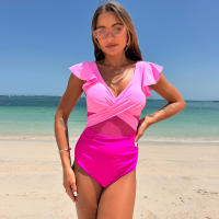 New Clashing One-piece Swimming Costume Small Fly Sleeve Bikini Women Quick Dry Sports Deep V Cross Hollow One-piece Swimsuit - details 2
