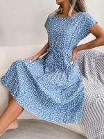 Spring Summer Women Short Sleeve Pleated Long Dress Elegant High Waist Floral Fashion A-line Dress - details 6