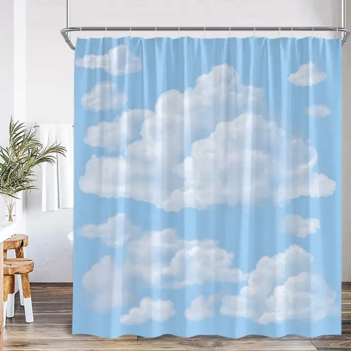 Cortina de Ducha de Nube Blanca Cielo Azul Decoración de Baño Natural de Poliéster para Todas las Estaciones - 1