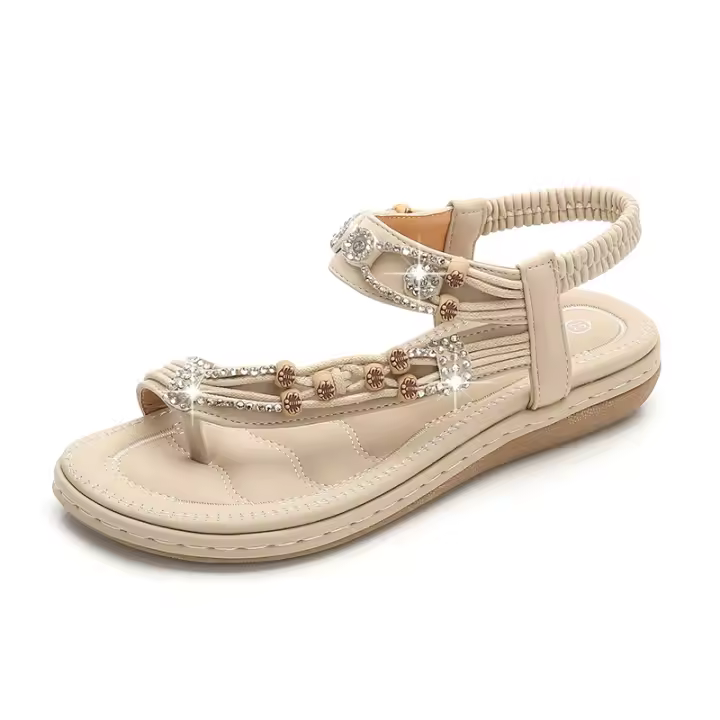 Sandalias Boho Chic para Mujer 2025 Diseño Retro con Strass y Cuentas Punta Redonda y Plano - 1