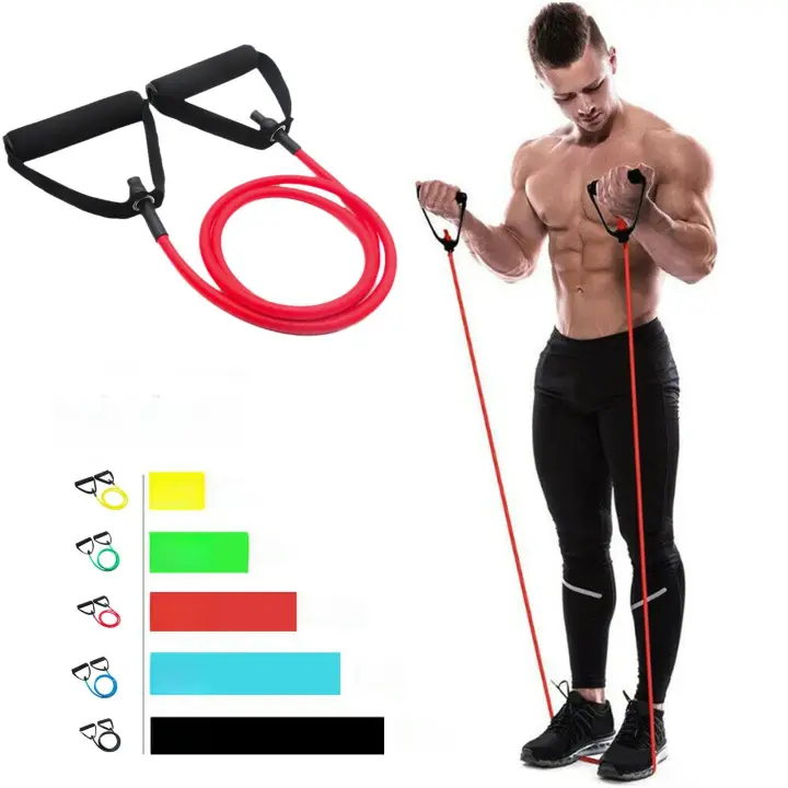 Bandas de resistencia de 5 niveles con asas, cuerda de tracción para Yoga, banda elástica de tubo para ejercicio físico para entrenamiento en casa, entrenamiento de fuerza D1z5 - 1