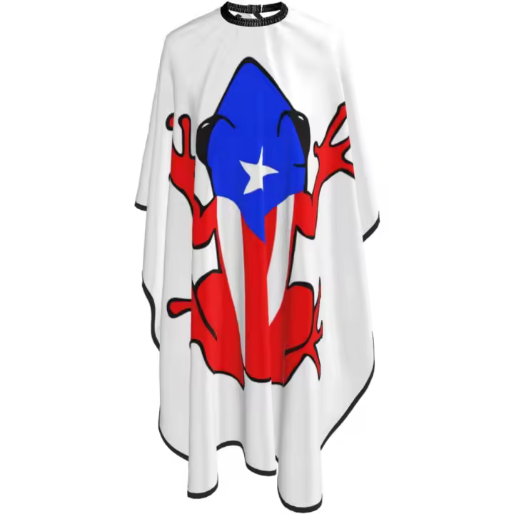 Capa de peluquero con diseño de rana de la bandera de Puerto Rico, capa de corte de pelo impermeable para peluquería profesional con cierre a presión ajustable, delantal de corte de pelo para estilista y uso doméstico, 55 x 66 pulgadas - 1