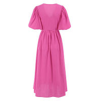 Novedad de verano, corte en V de algodón puro, cintura con abertura, diseño ceñido, línea A, Dre para mujer - details 37
