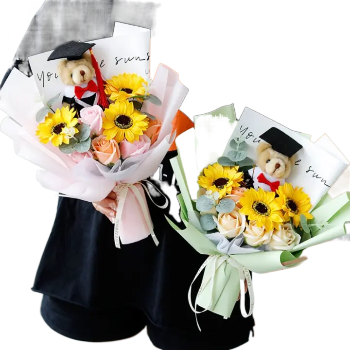 Maester oso ramo de graduación oso Animal ramo decoración oso de peluche ramo girasol 32cm flor simulada regalo de cumpleaños - 1