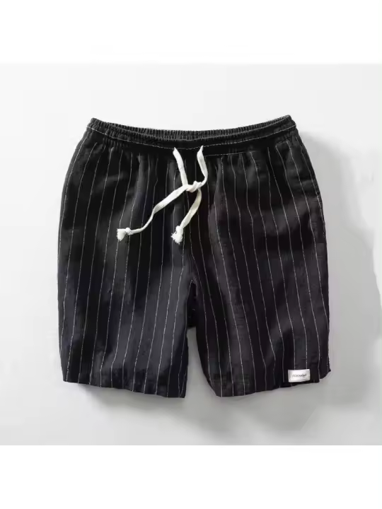 Pantalones cortos de lino para hombre, verano a rayas, transpirables, sueltos y ajustados con cordones. Ideal para la playa. - 1