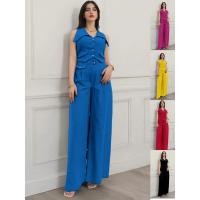 Conjunto de pantalones largos informales de dos piezas con cintura ajustada y manga de Color liso para mujer, novedad de verano - details 5