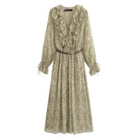Elegante Vestido A-line Medio con Cinturón Manga Larga, Cuello en V, Cintura Elástica, Estampado de Volantes Moda Primaveral para Mujeres - details 0