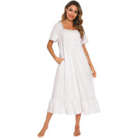 Camisón largo de algodón para mujer, ropa de dormir, cuello cuadrado, manga corta, camisón de longitud completa con bolsillos - details 11