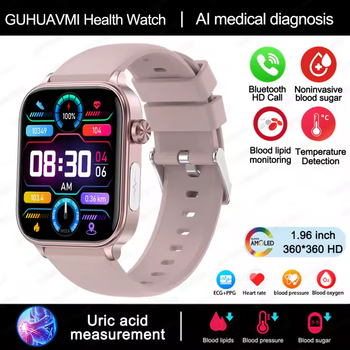 2024 Nuevo ECG + PPG Clase Médica 1,96 inch, 360*360 AMOLED Pantalla complete de HD táctil Smart Watch Azúcar en sangre, lípidos sanguíneos, temperature corporal, Llamada Bluetooth,IP68 a prueba de Agua Reloj Inteligente saludable para Android IOS - 1