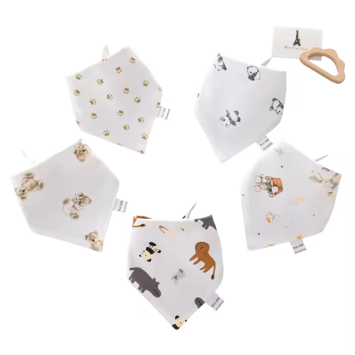 5PCS/LOT Pañuelos Para Bebé Triángulo De Algodón Con Estampado De Dibujos Animados Toalla De Saliva De Algodón Para Bebés Niños Y Niñas De 1-3 Años Accesorios Para Bebés - 1