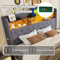 Cama tapizada LED 180 x 200 cm, Cama acolchada con puerto de carga USB y almacenamiento hidráulico, tela de lino agradable para la piel, Gris (Sin colchón) - details 7